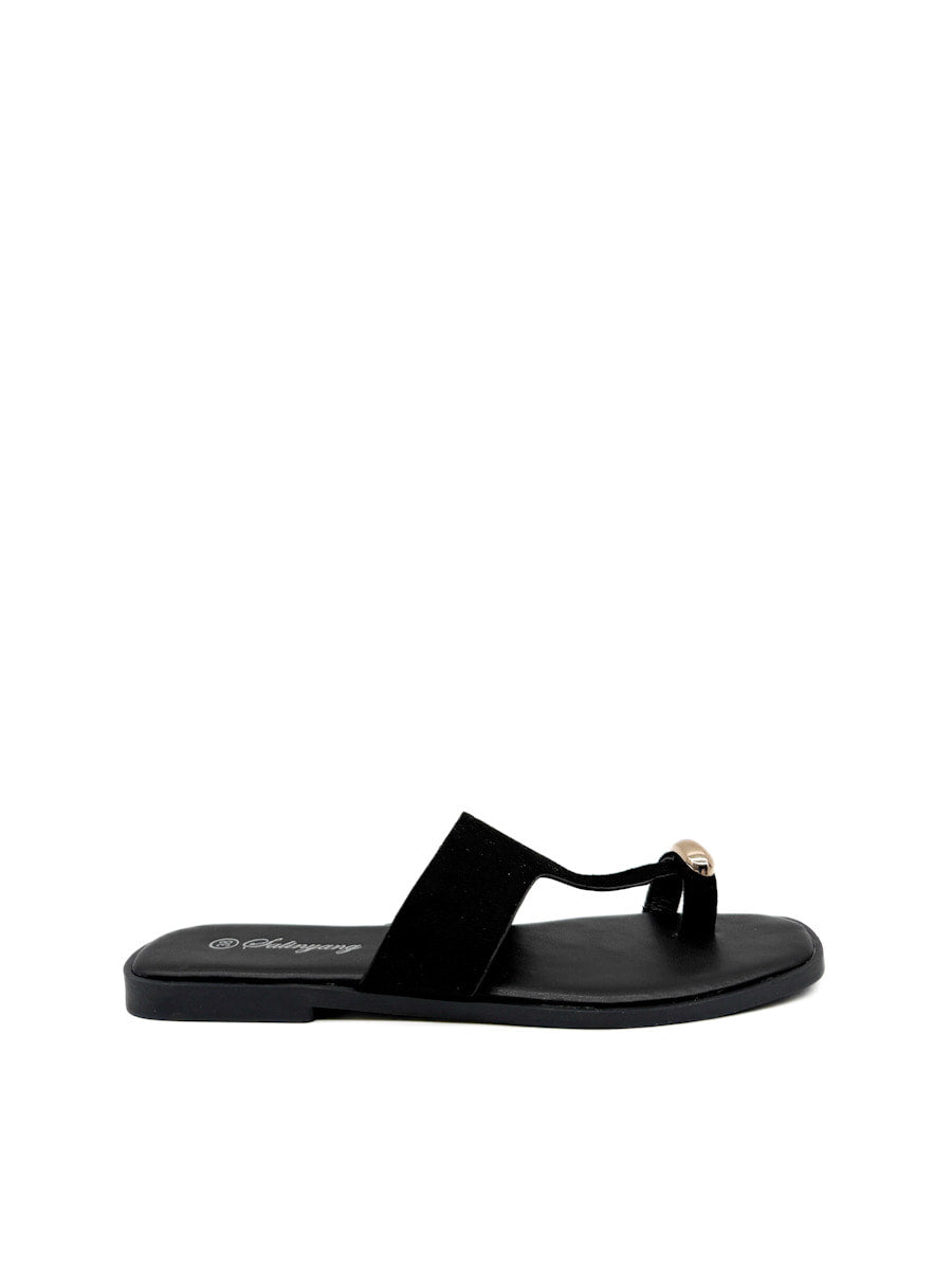 Sandalias Planas Antelina de Dedo con Detalle Dorado
