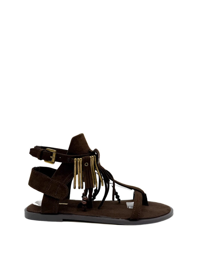 Sandalias Planas de Estilo Étnico Corina con Flecos, Cuentas de Madera y Cierre de Hebilla