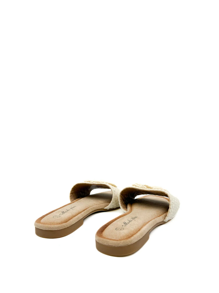 Sandalia Plana con Flor de Punto Tridimensional - Beige