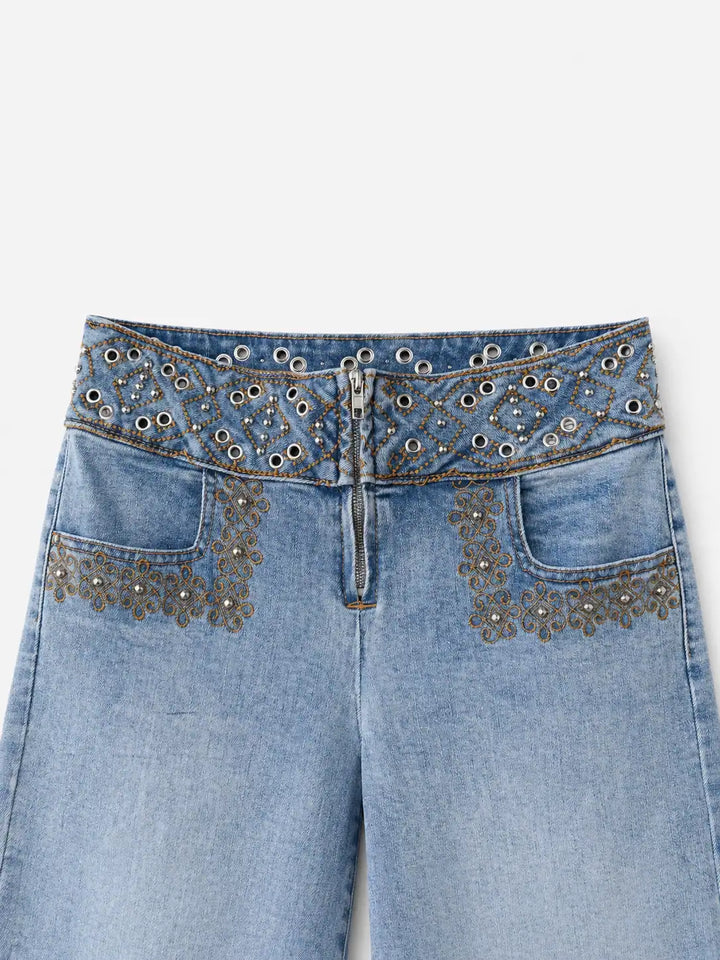 Pantalón de Mezclilla de Pierna Ancha con Detalles Metálicos en Pretina
