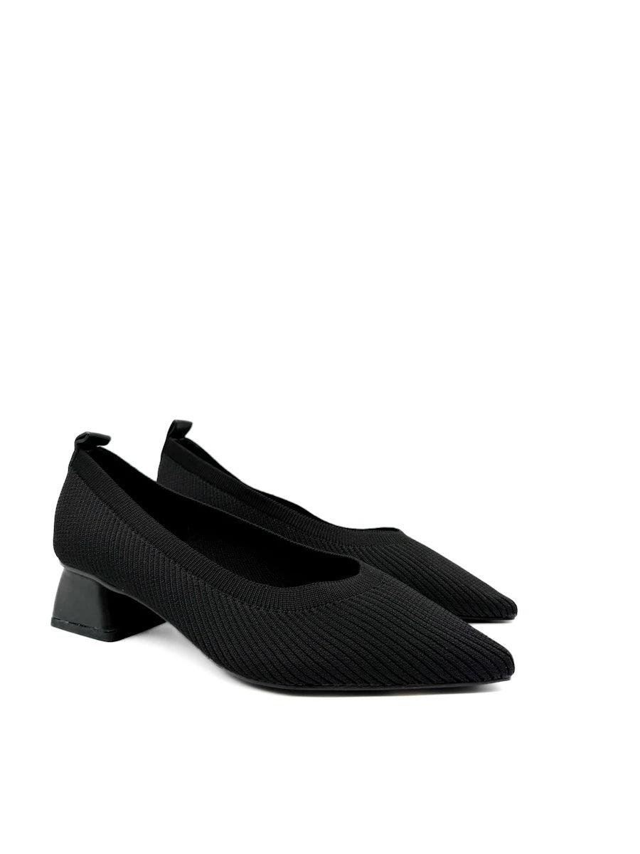 Zapatos de Salón en Tejido Elástico Canalé con Tacón Ancho y Puntera Fina