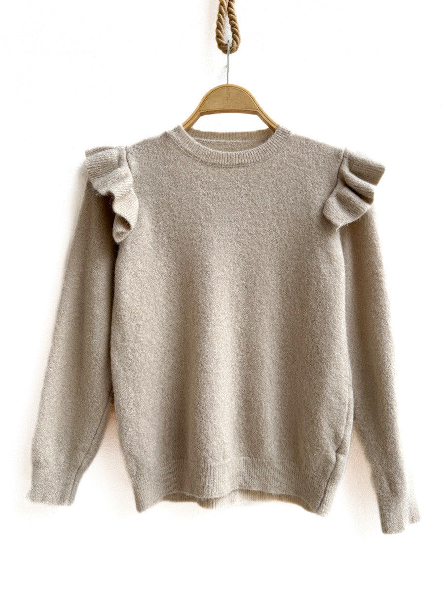 Suéter de Punto con Volantes en los Hombros - Elegancia y Comodidad Beige Única