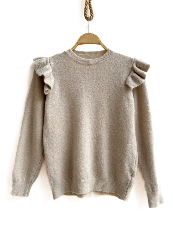 Suéter de Punto con Volantes en los Hombros - Elegancia y Comodidad Beige Única
