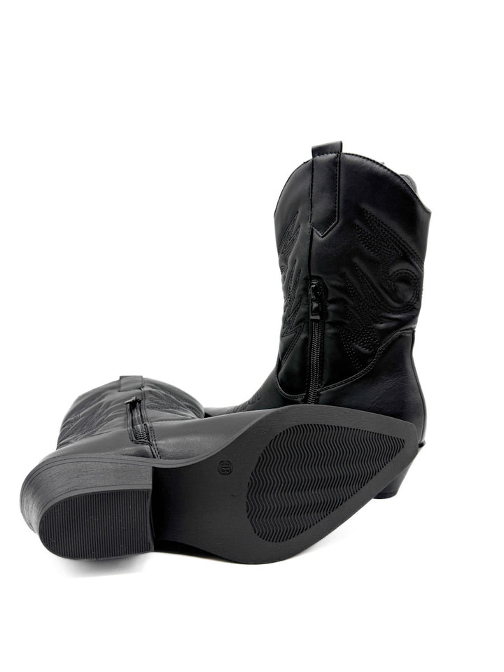 Botín Cowboy Negra con Diseño Clásico y Cremallera Lateral