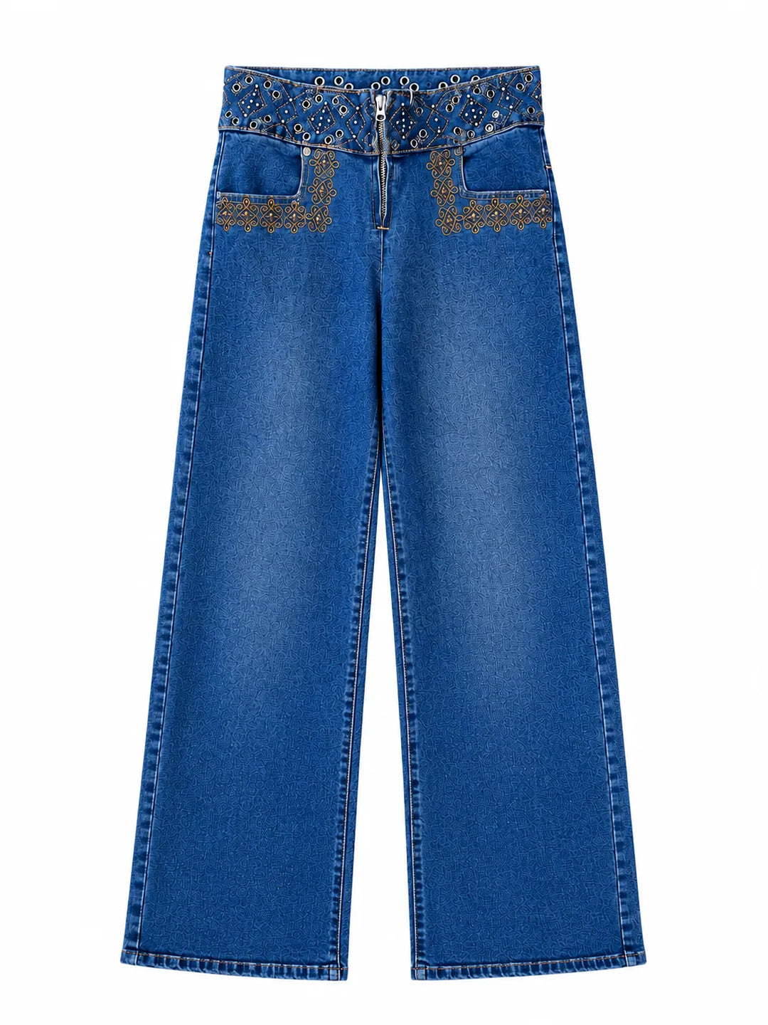 Jeans Rectos de Cintura Medio con Remaches y Bordados