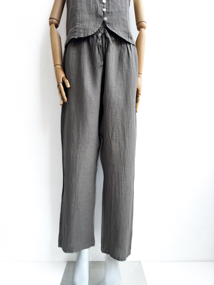 Pantalón de Lino con Cintura Elástica y Lazo Decorativo