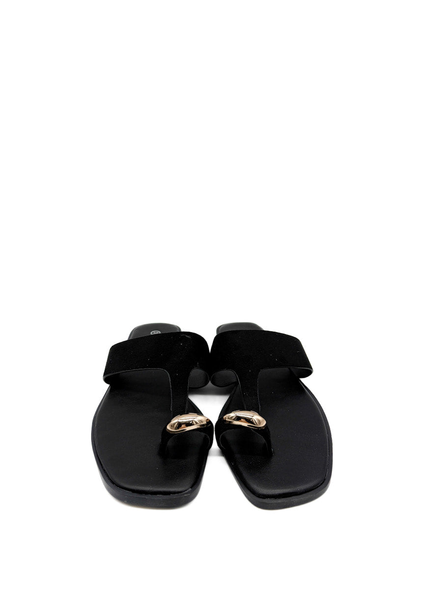 Sandalias Planas Antelina de Dedo con Detalle Dorado