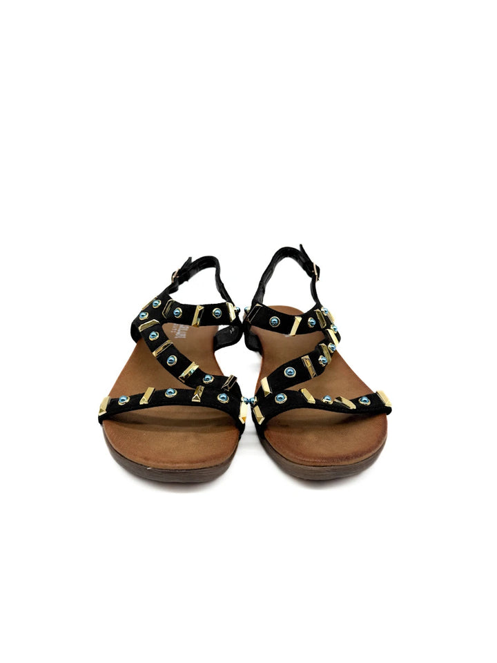 Sandalias Romanas Boho-Chic con Detalles de Pedrería Azul y Dorado