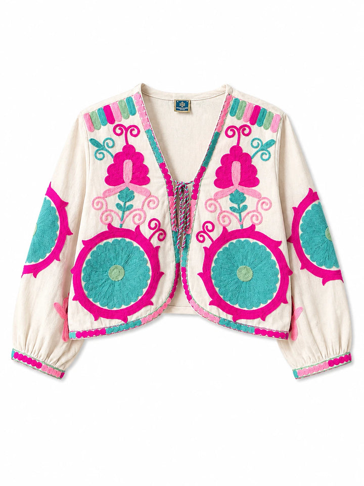 Chaqueta Bordada Multicolor para Mujer de Estilo Boho con Manga Larga y Diseño Artesanal