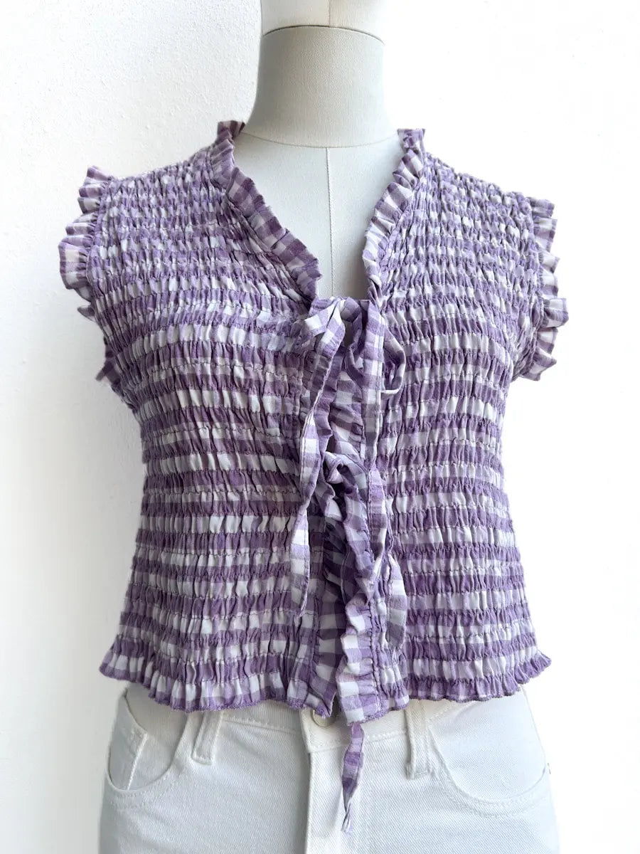 Top Fruncido de Cuadros con Lazo Lila única