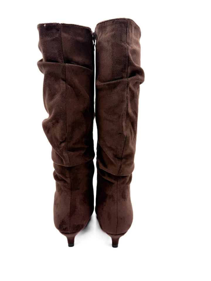 Botas Altas Fruncidas de Ante Sintético con Tacón Chupete y Puntera Fina
