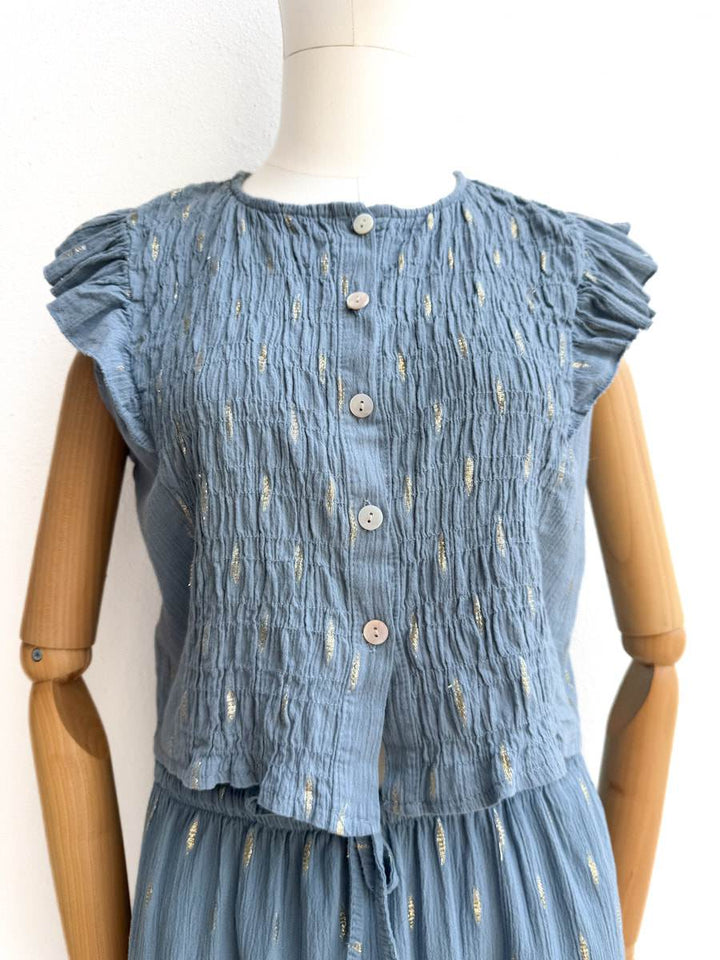 Conjunto de Blusa y Falda en Algodón Texturizado Blusa Azul única