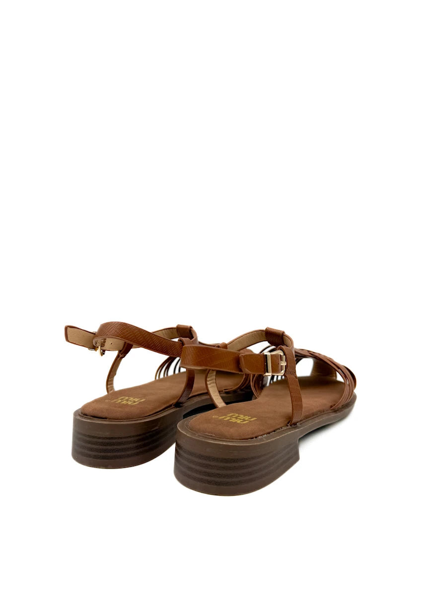 Sandalias Cangrejeras de Piel Marrón con Tiras Entrelazadas - Mujer