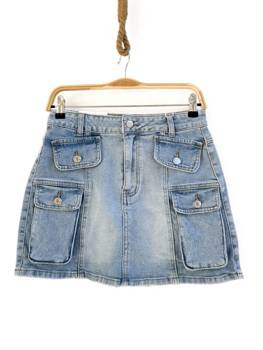 Falda de Mezclilla con Bolsillos y Estilo Cargo Azul