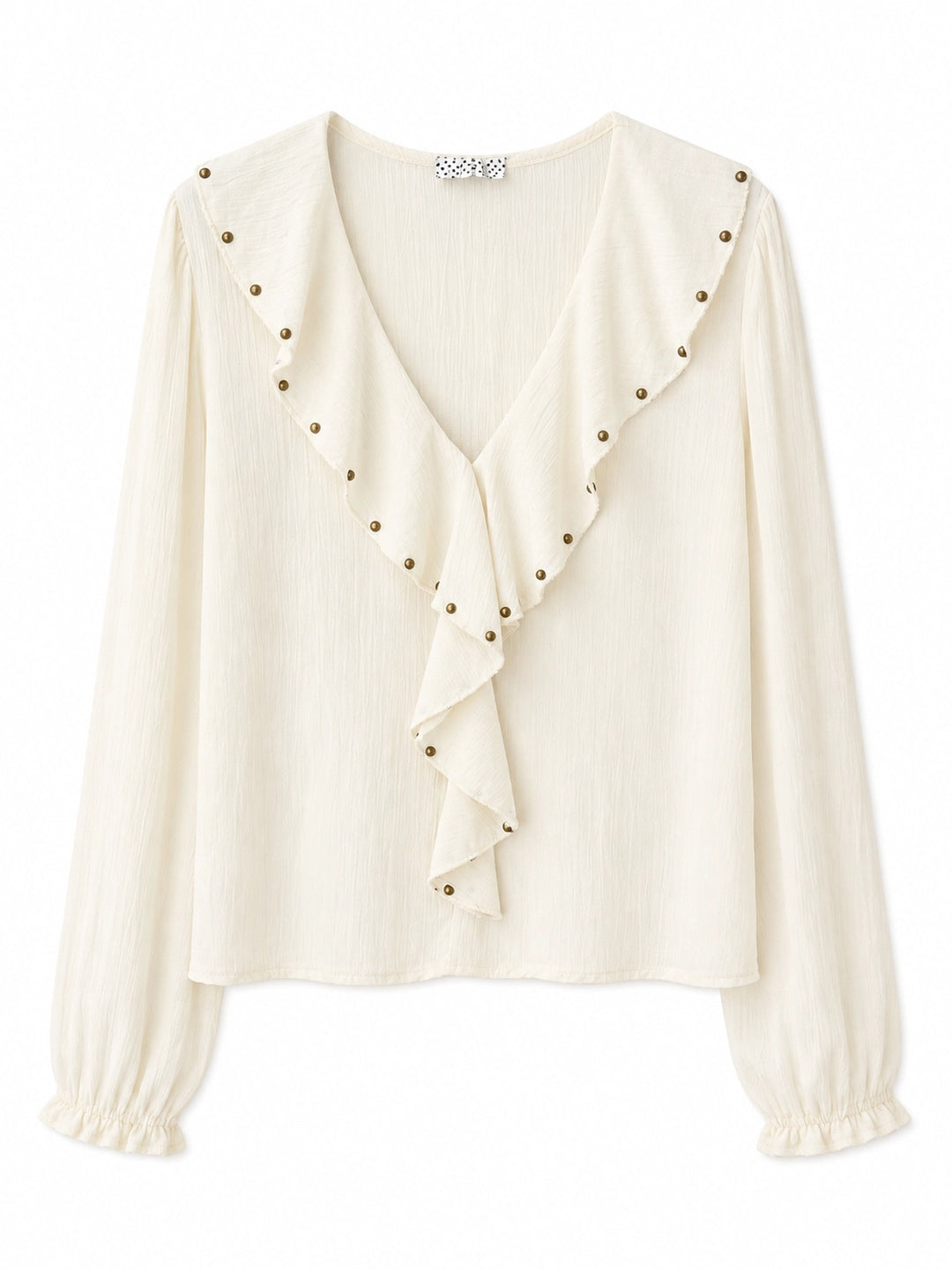 Blusa de Mujer con Volantes y Tachuelas, Escote en V y Manga Larga