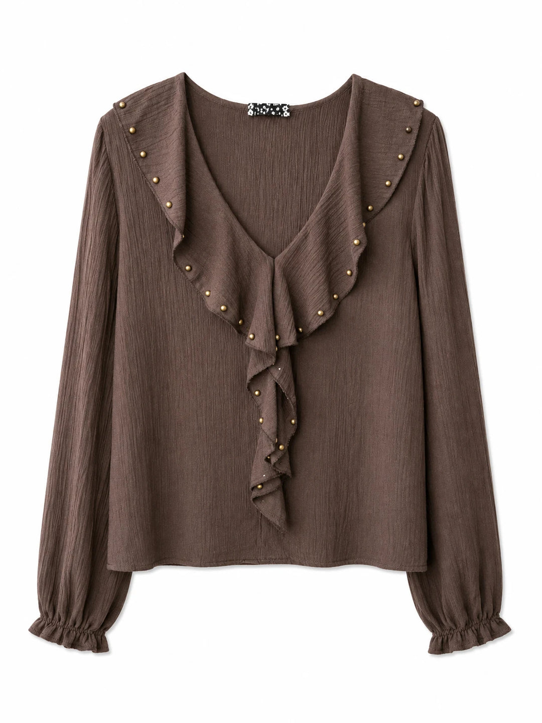 Blusa de Mujer con Volantes y Tachuelas, Escote en V y Manga Larga