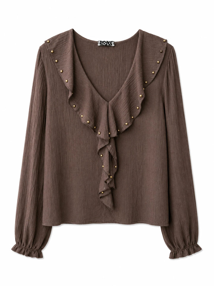 Blusa de Mujer con Volantes y Tachuelas, Escote en V y Manga Larga