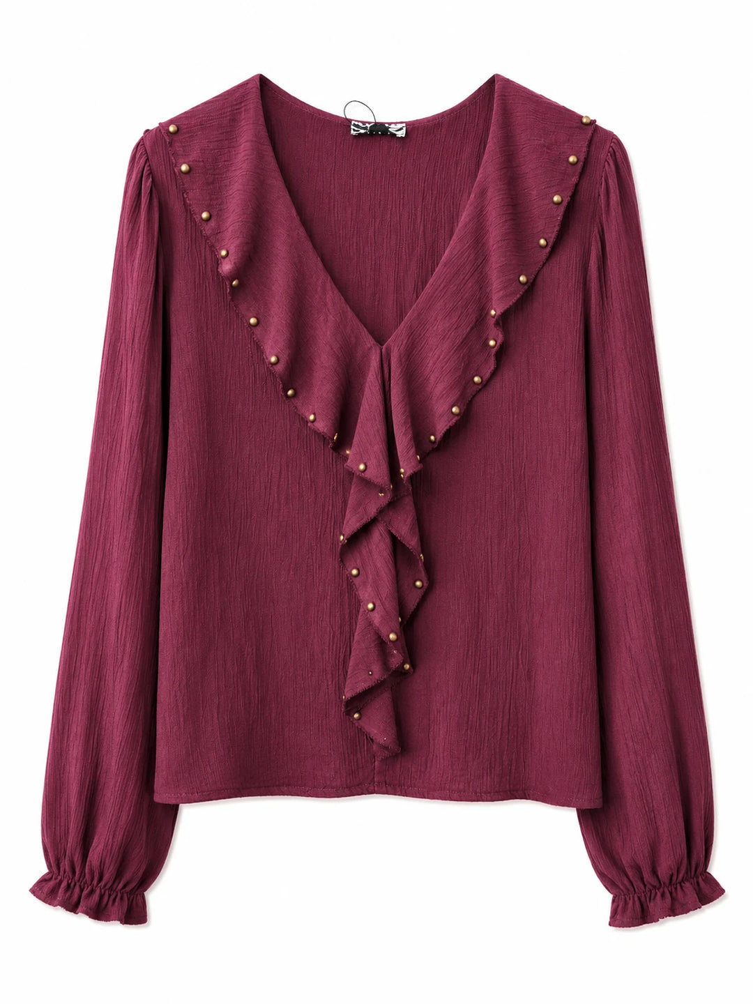 Blusa de Mujer con Volantes y Tachuelas, Escote en V y Manga Larga