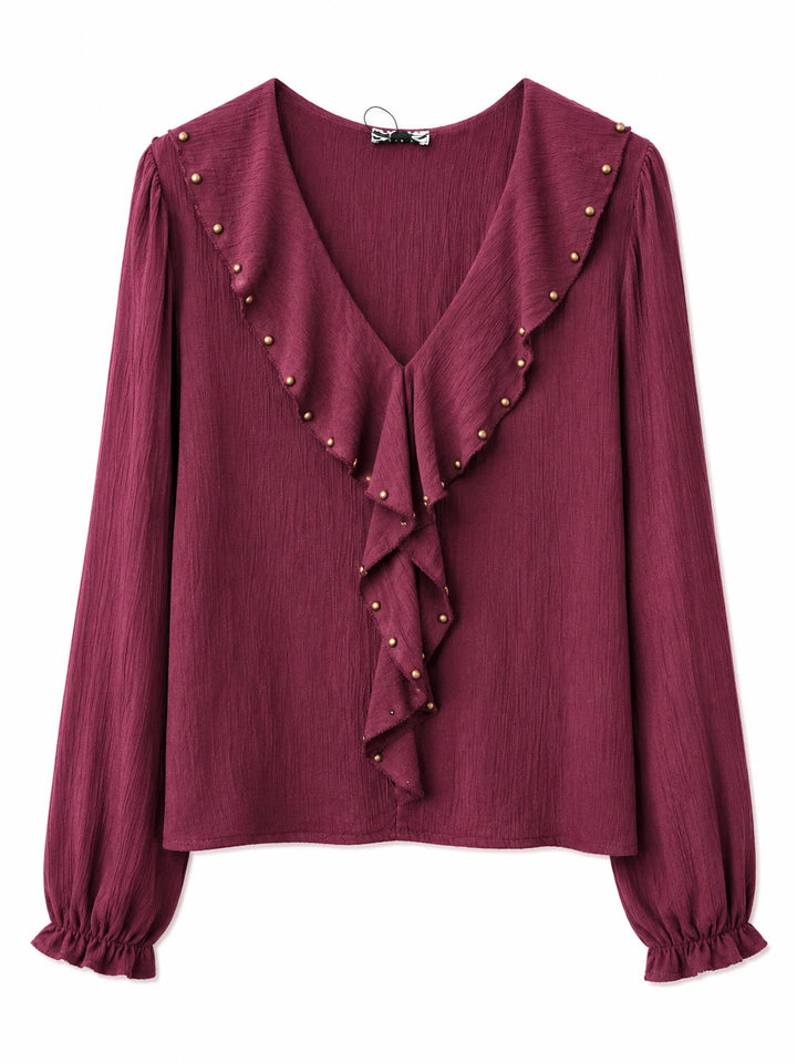 Blusa de Mujer con Volantes y Tachuelas, Escote en V y Manga Larga