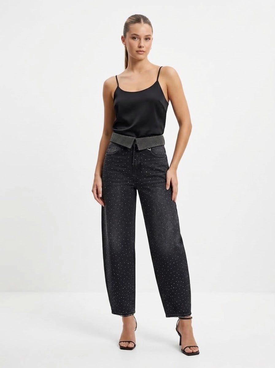 Jeans Wide Leg Negros con Strass y Cintura Brillante para Mujer