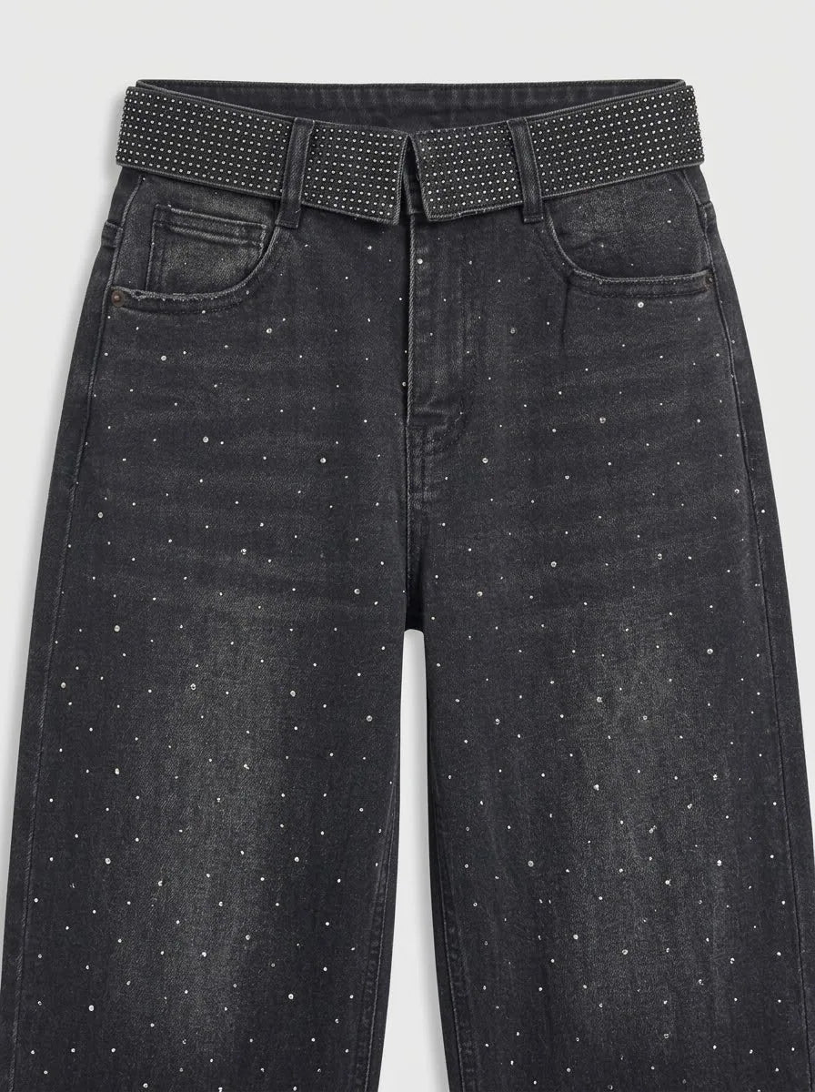Jeans Wide Leg Negros con Strass y Cintura Brillante para Mujer