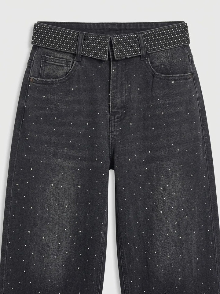 Jeans Wide Leg Negros con Strass y Cintura Brillante para Mujer