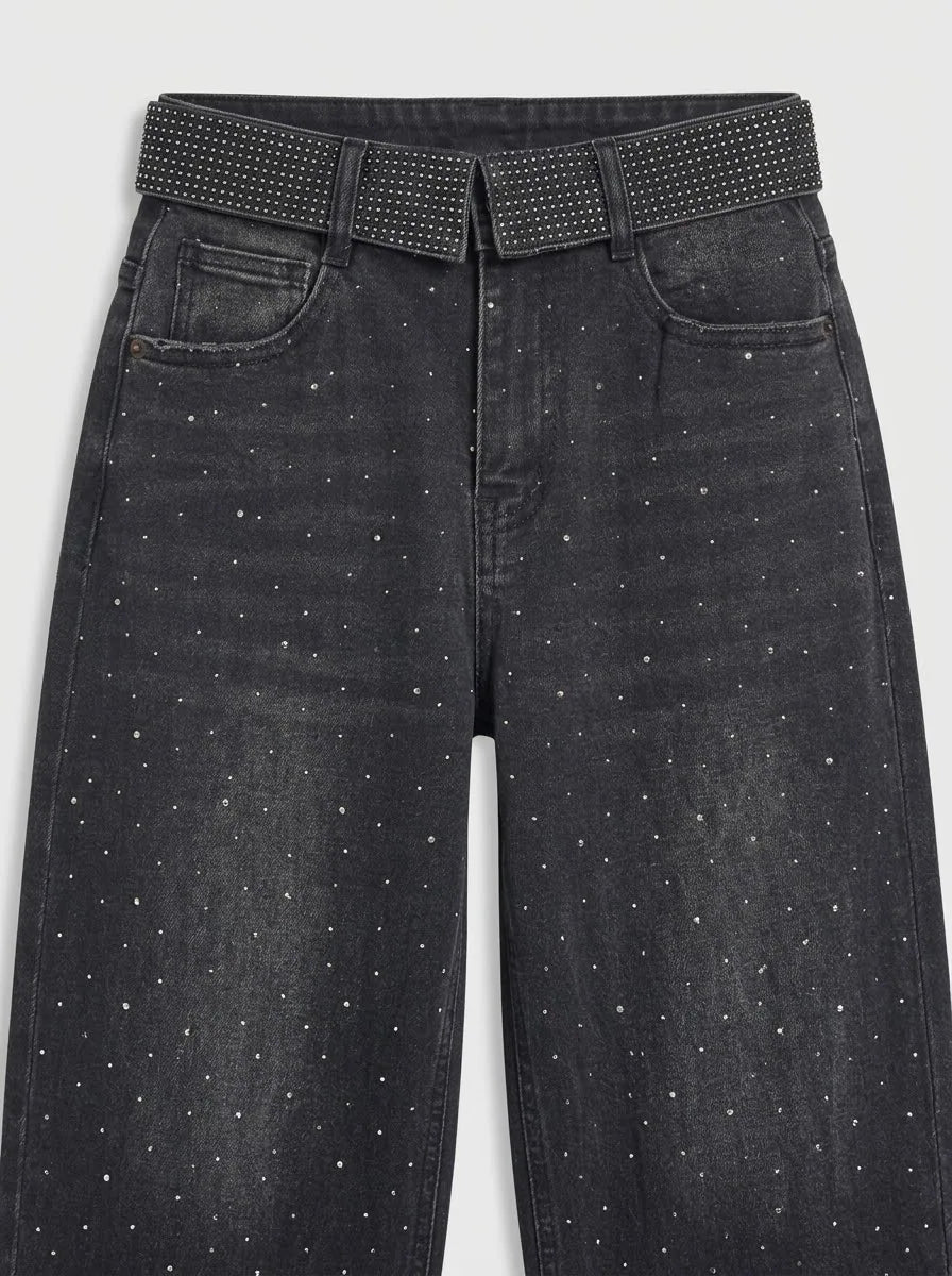 Jeans Wide Leg Negros con Strass y Cintura Brillante para Mujer