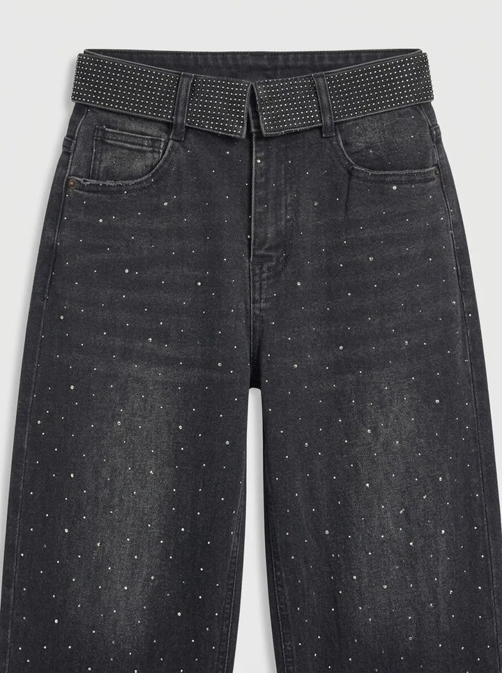 Jeans Wide Leg Negros con Strass y Cintura Brillante para Mujer