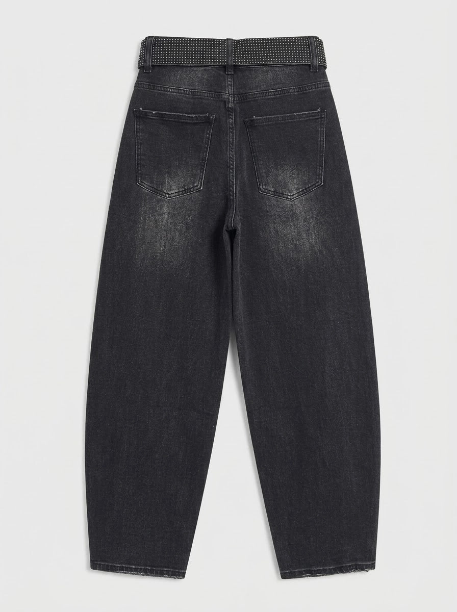 Jeans Wide Leg Negros con Strass y Cintura Brillante para Mujer