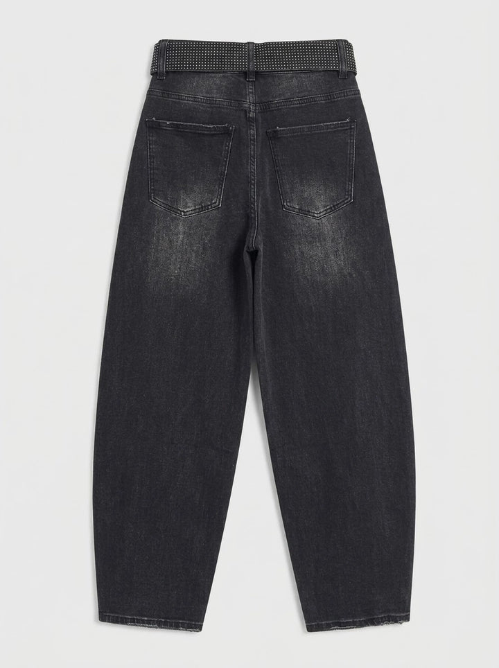 Jeans Wide Leg Negros con Strass y Cintura Brillante para Mujer