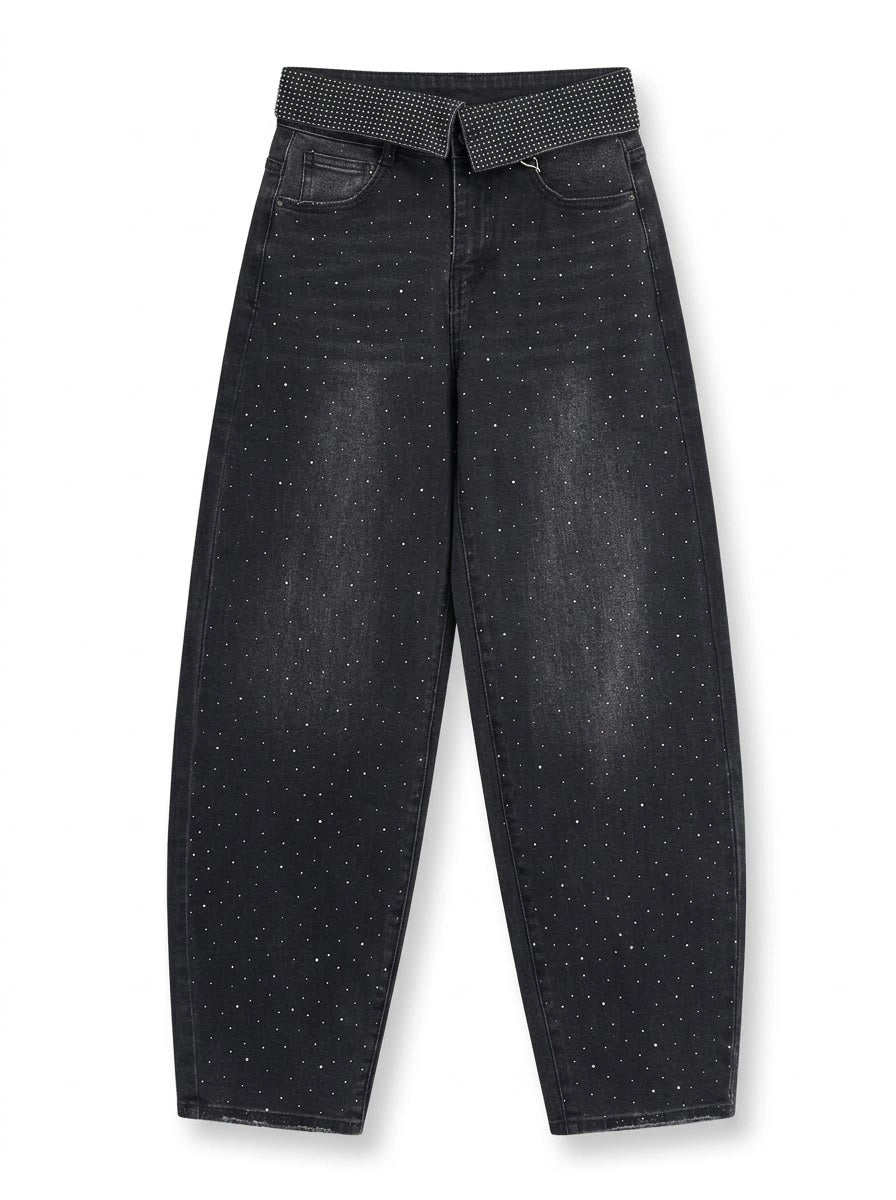 Jeans Wide Leg Negros con Strass y Cintura Brillante para Mujer