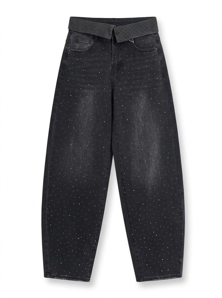 Jeans Wide Leg Negros con Strass y Cintura Brillante para Mujer