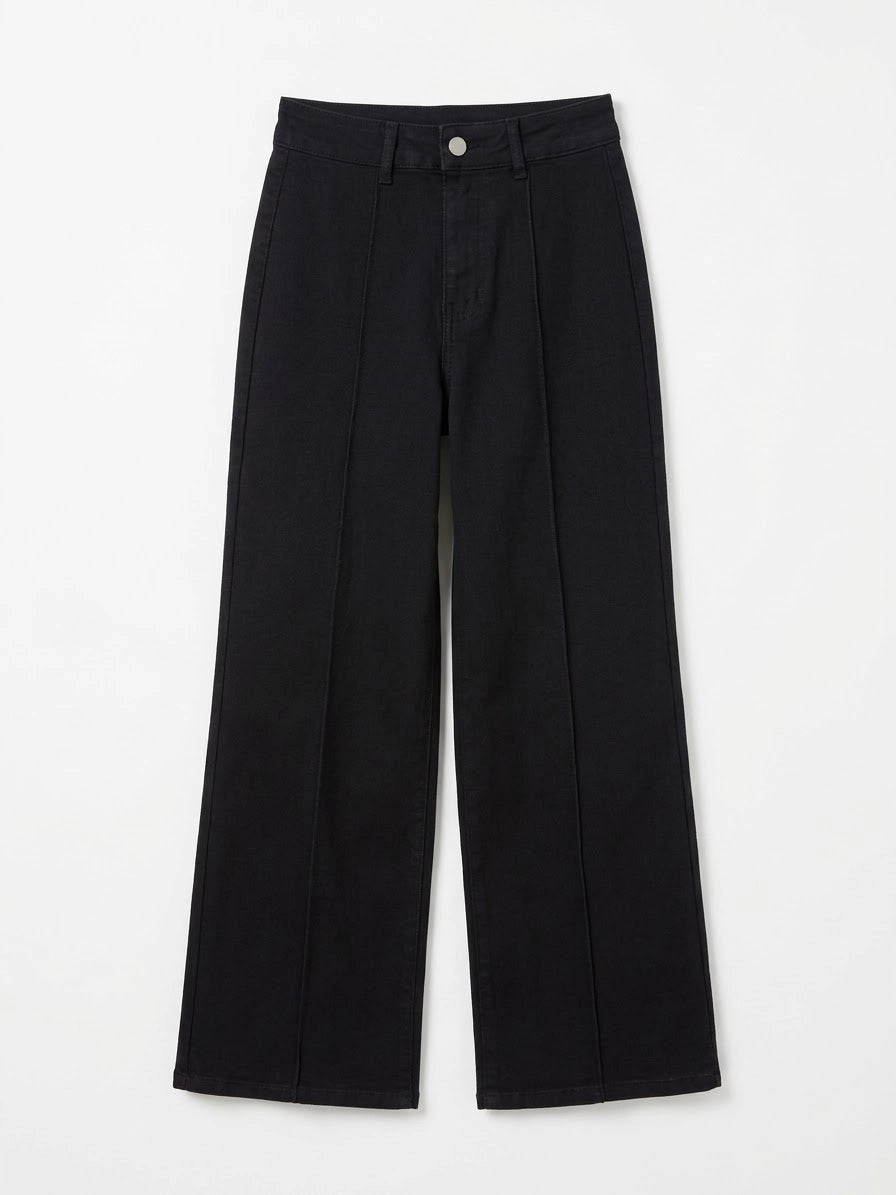 Pantalón Vaquero Recto de Tiro Alto con Costuras Verticales y Bolsillos Traseros