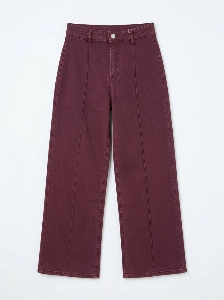 Pantalón Vaquero Recto de Tiro Alto con Costuras Verticales y Bolsillos Traseros