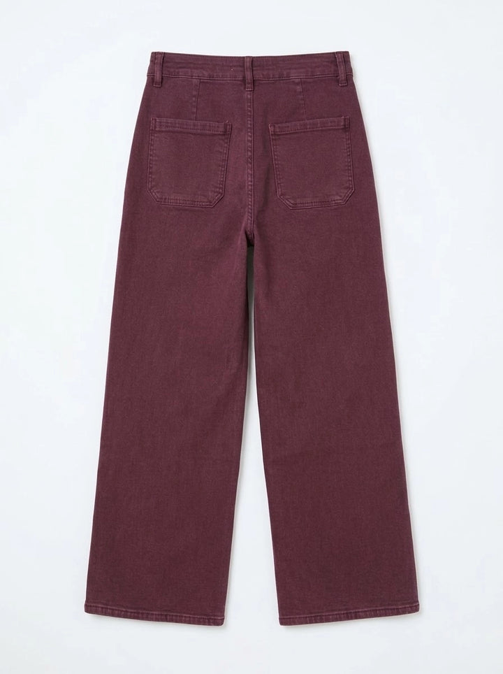 Pantalón Vaquero Recto de Tiro Alto con Costuras Verticales y Bolsillos Traseros