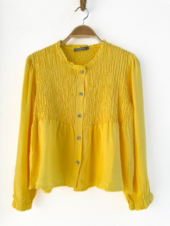 Blusa de manga larga con fruncido y botones Amarillo única