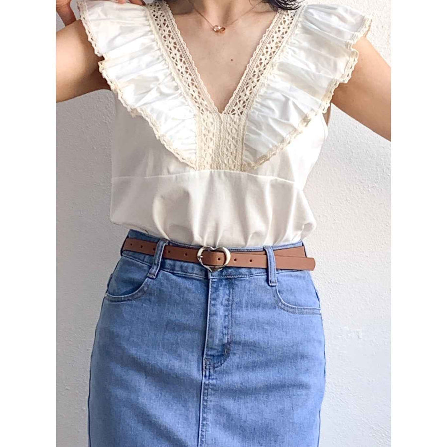 Camiseta1069 Cuello Pico Y Volante De Muje Blanco Única