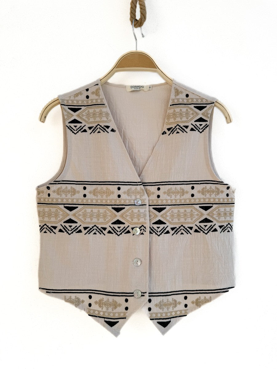 Chaleco bohemio con bordados geométricos Beige