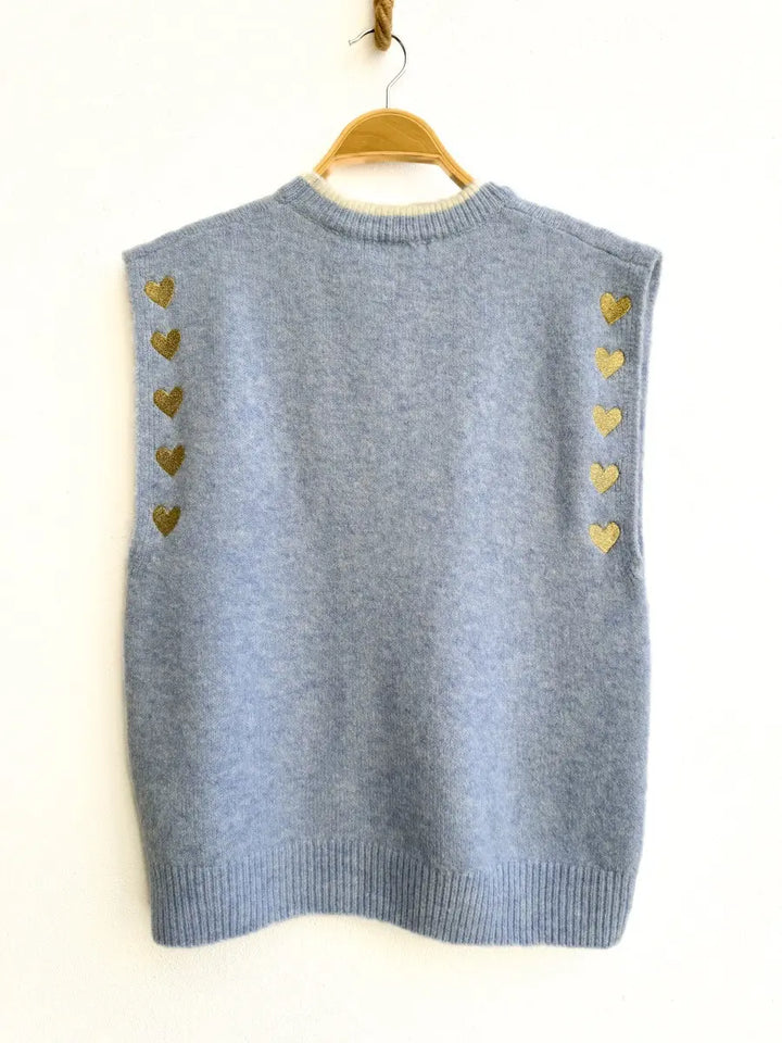 Chaleco Azul Claro con Detalles de Corazones Dorados Azul única