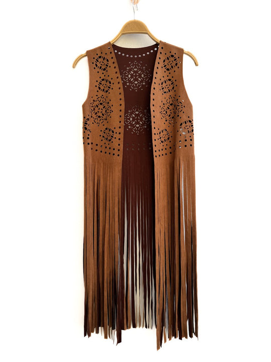 Chaleco Bohemio18816 Con Flecos Camel única