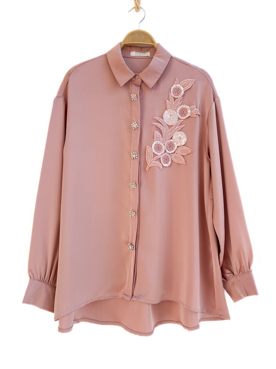 Blusa satinada con bordado floral Rosa única