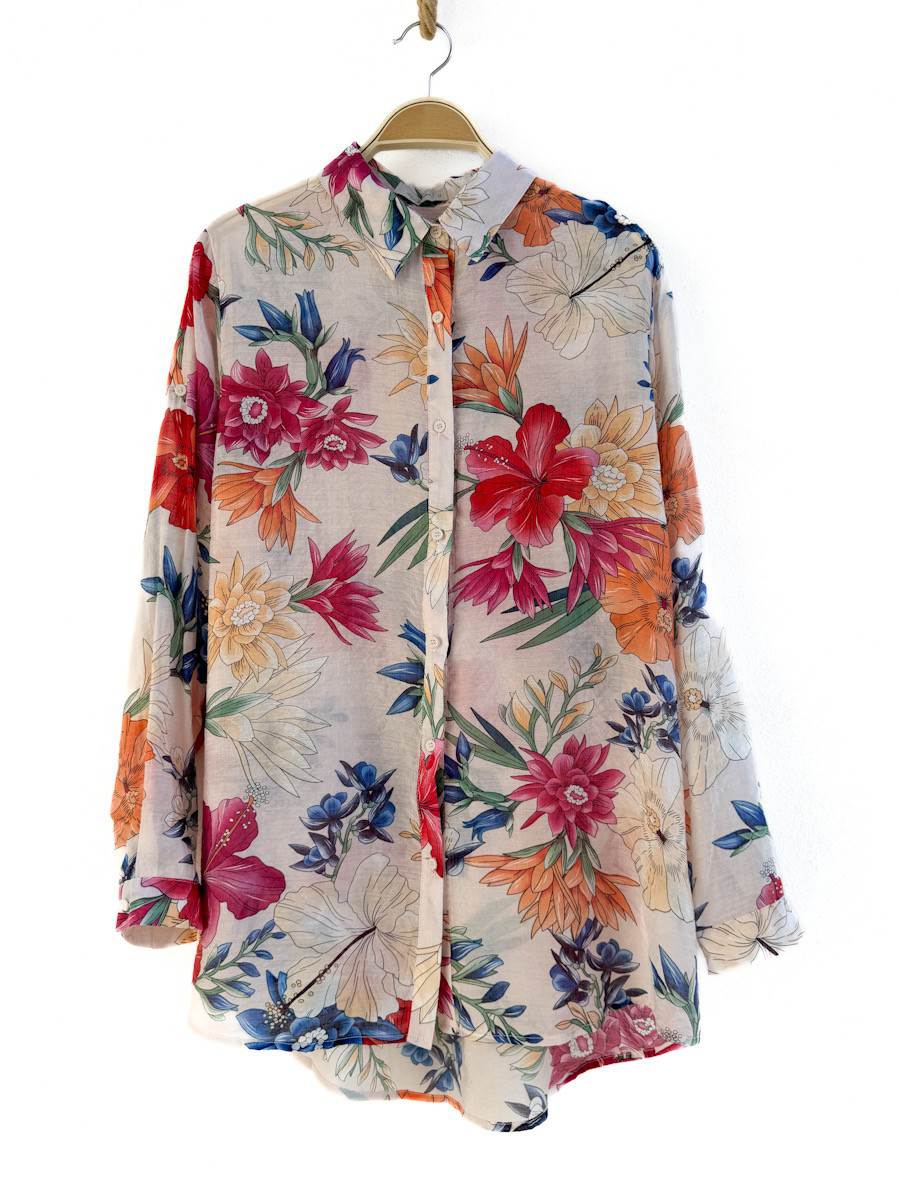 Camisa de manga larga con estampado floral – Tela semi-transparente Rosa única