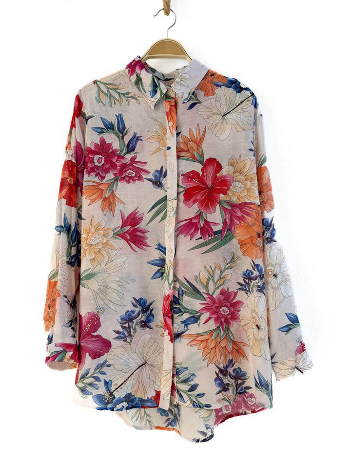 Camisa de manga larga con estampado floral – Tela semi-transparente Rosa única