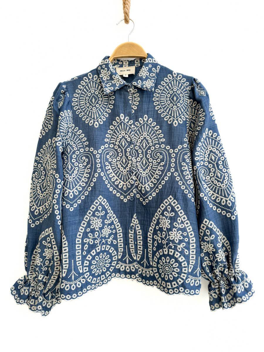 Blusa Bohemia Bordada en Azul Índigo Azul