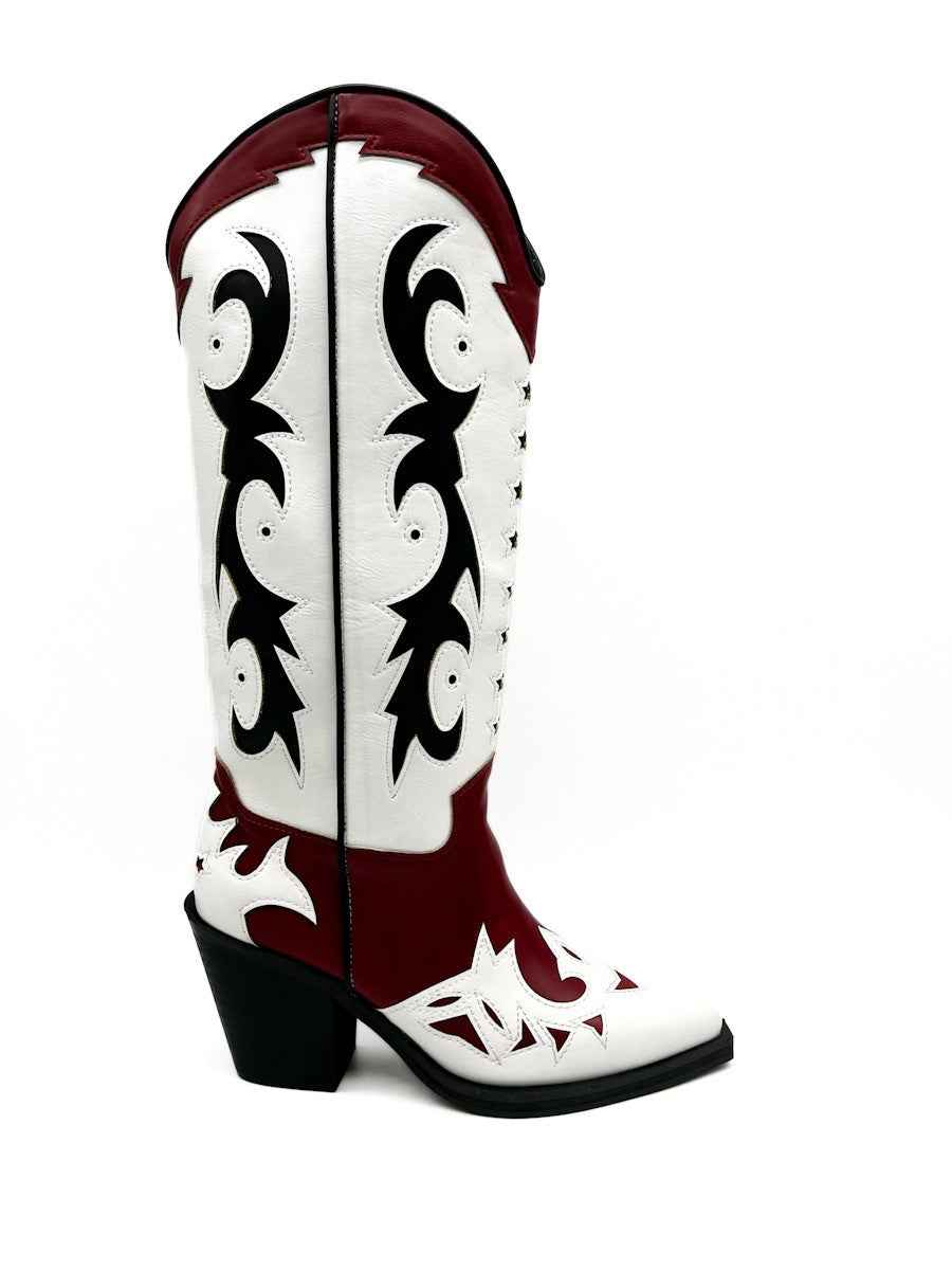 Corina-Botas Alta Cowboy blanco rojo
