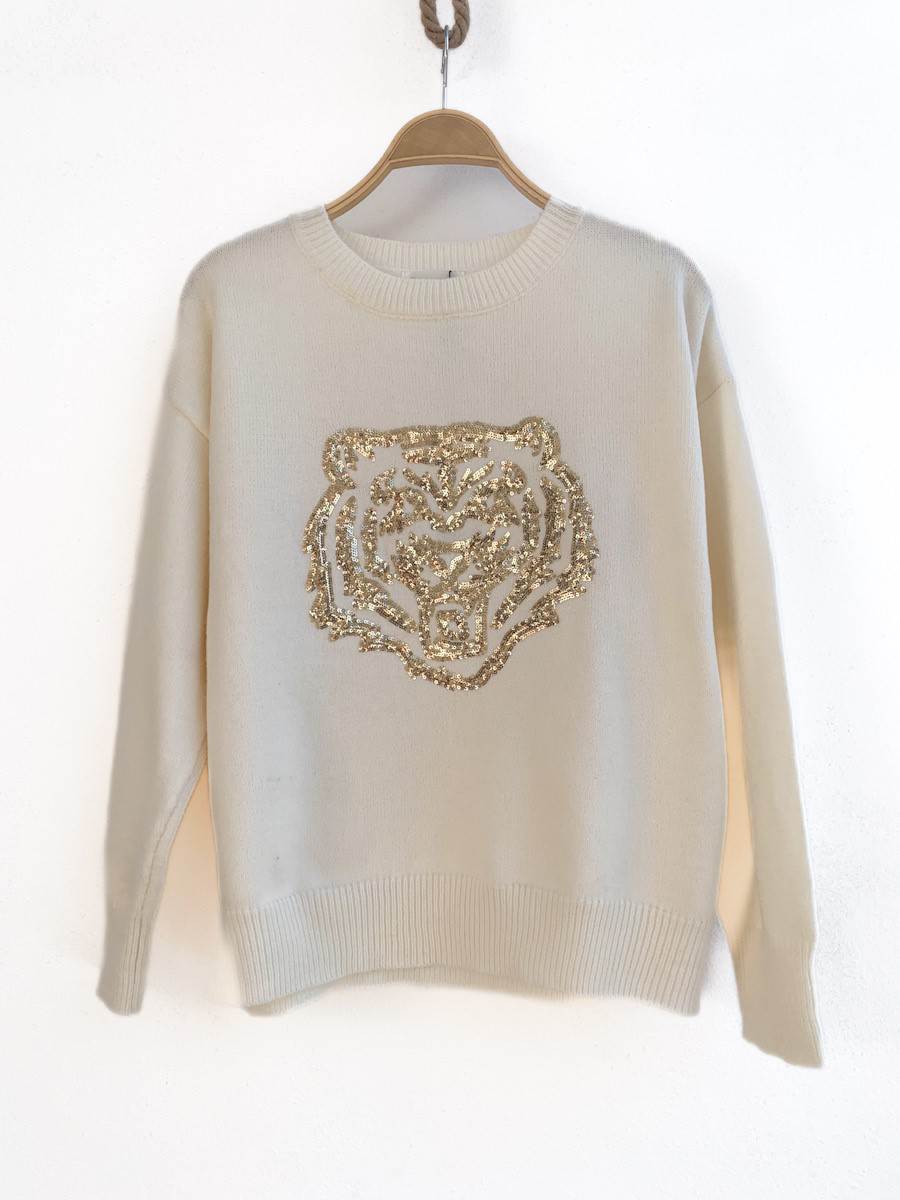Jersey con Tigre dorado de lentejuelas Beige única