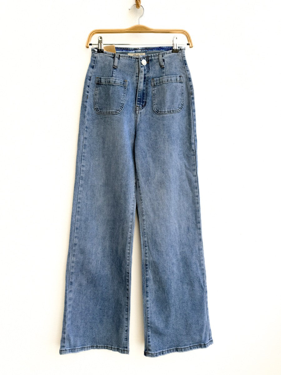 Jeans Rectos de Tiro Alto en Denim Azul Azul