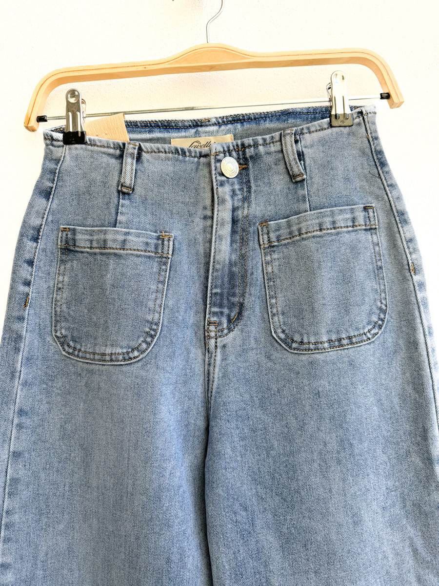 Jeans Rectos de Tiro Alto en Denim Azul