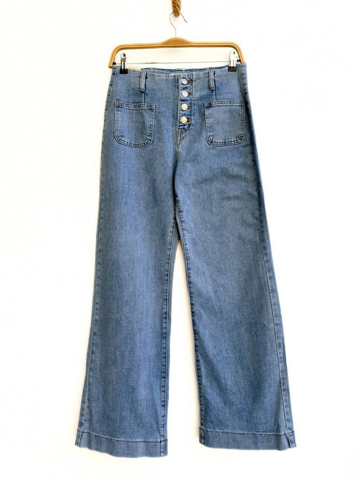 Jeans Rectos de Tiro Alto con Botones Frontales Azul