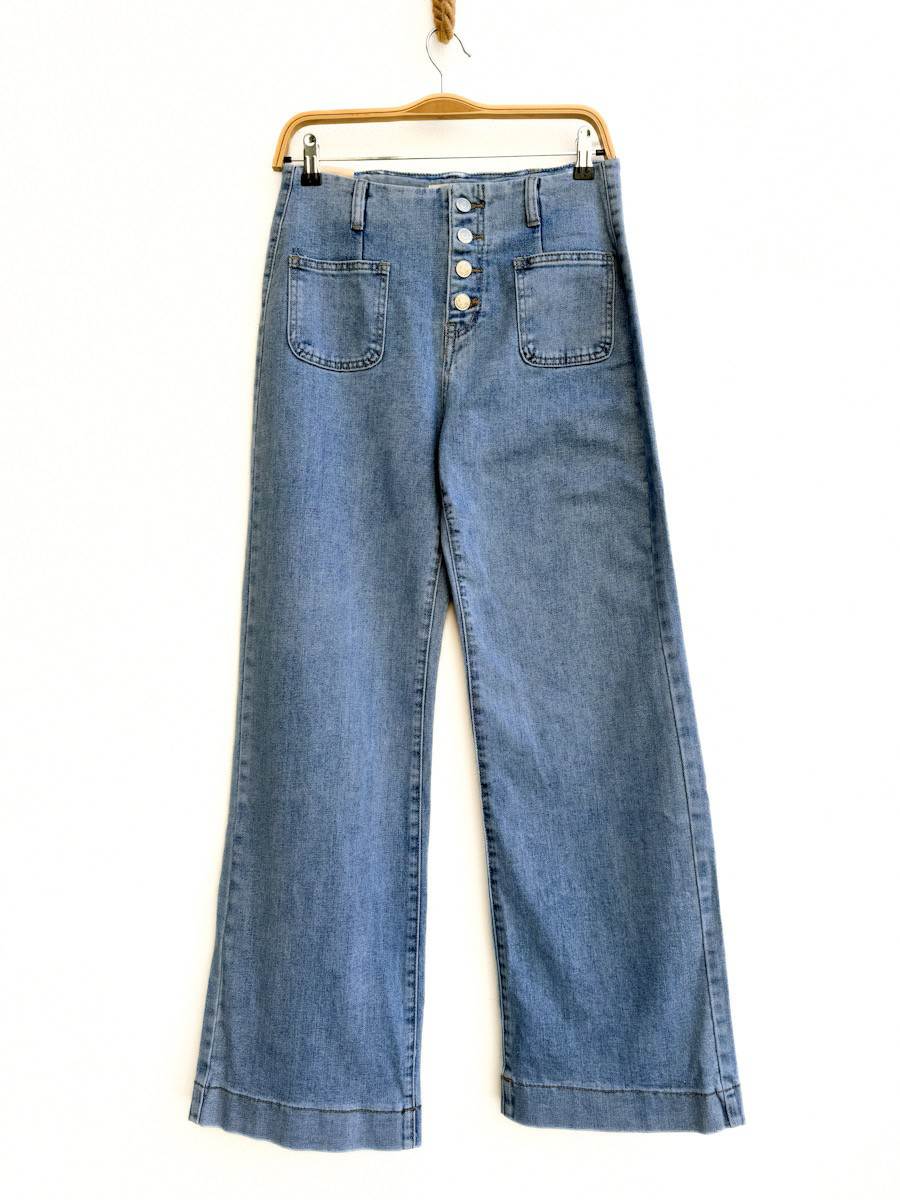 Jeans Rectos de Tiro Alto con Botones Frontales Azul